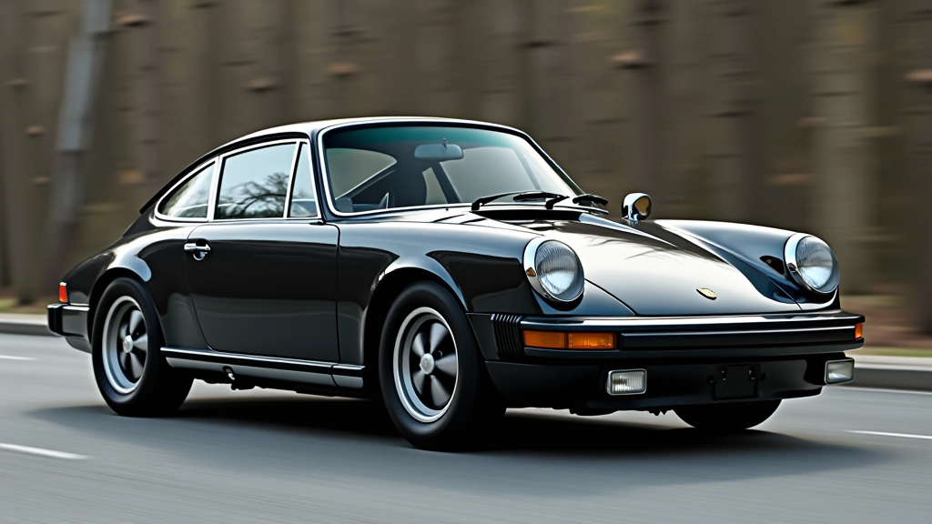 1974 metų Porsche 911 Carrera 2.7 GT modelis, tamsios spalvos, side profile vaizdas