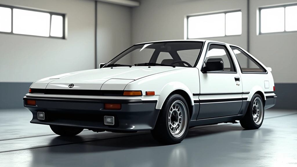 1984 metų Toyota AE86 hečbekas šoninis vaizdas, minimalistinis garažo aplinka, natūrali šviesa