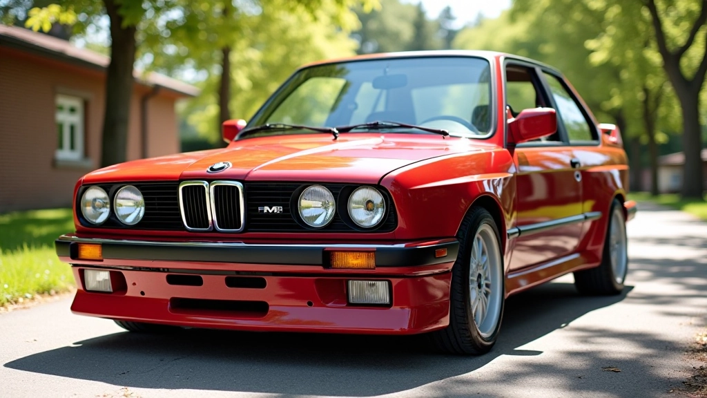 BMW M3 E30 priekinis vaizdas šiltoje saulėje