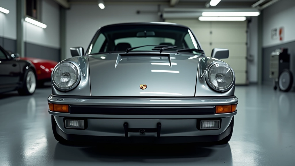 1989 metų Porsche 911 G-serija, pilka metaline spalva, garaže su profesionaliu šviesa