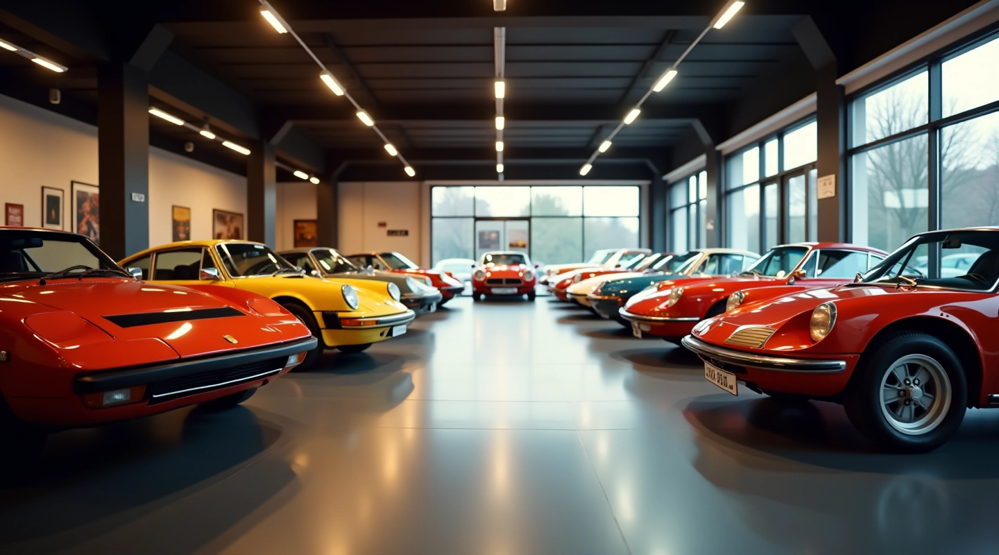 Retro automobilių paroda su klasikiniais automobiliais iš septinto dešimtmečio, profesionali nuotrauka garaže su šiltu apšvietimu