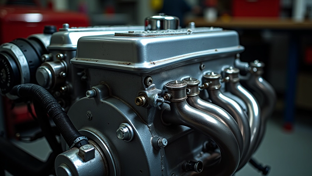Toyota 4A-GE variklio detalus nuotrauka, metalo šviesos atspindžiai, mechaninis grožis