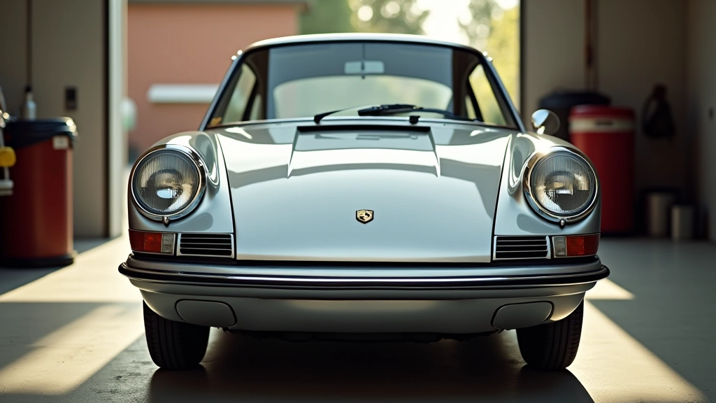1965 metų Porsche 911 originalus modelis priekinis vaizdas, šviesi metaline spalva, detali aplinka
