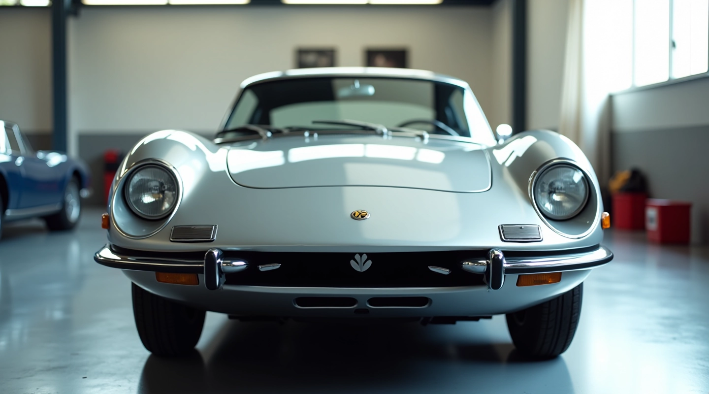 1974 metų sportinis automobilis su žibintais, sidabrinės spalvos, garaže su natūraliu šviesa