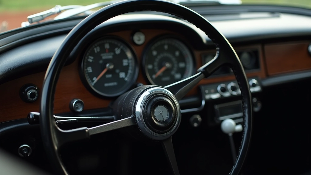 Vintage automobilių vairo rato ir prietaisų skydelio detalė, analoginiai spidometrai