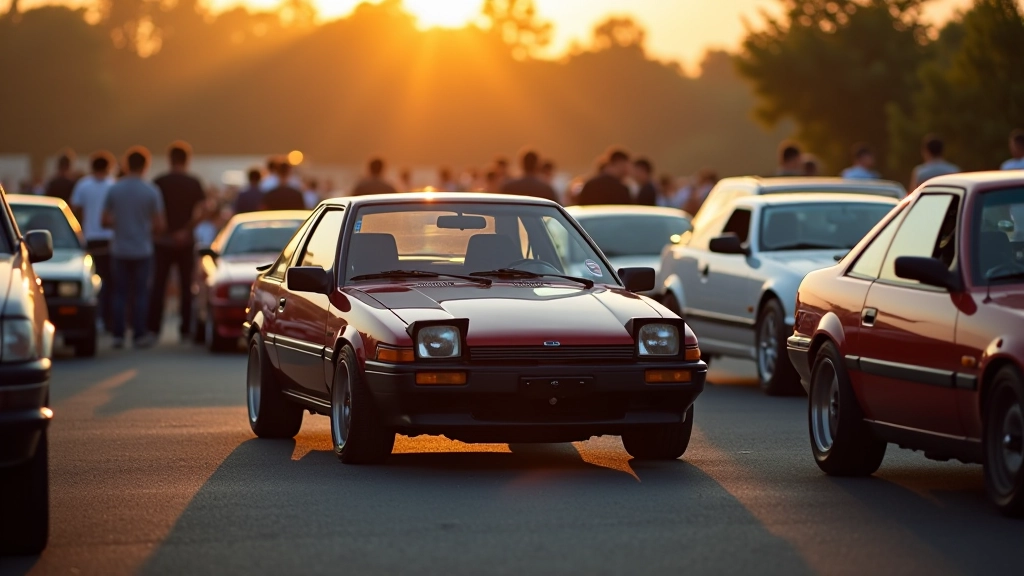 Savaitinis automobilių susirinkimas su AE86 modeliais, naktinės vakarinės šviesos, jaunatviška energija